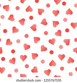 The seamless pattern with red hearts and dots on a white background. Vector.