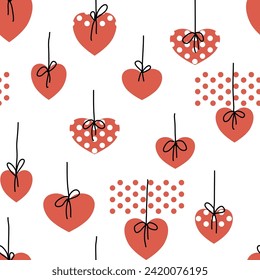 Seamless pattern with red hearts and dots, Valentine’s day decoration. Could also be used as card, wrapping, illustration.