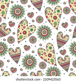 Seamless pattern with red hearts drawn with rough contour lines on white background. Valentine's day backdrop with love, romance and passion symbols. Vector illustration for wrapping paper, wallpaper.
