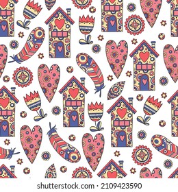 Seamless pattern with red hearts drawn with rough contour lines on white background. Valentine's day backdrop with love, romance and passion symbols. Vector illustration for wrapping paper, wallpaper.