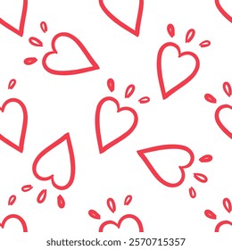 Seamless pattern with red hearts and drops on white background in doodle style