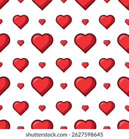 Seamless pattern with red hearts in flat style on white background. Perfect for kids' and adults' fabric, school supplies, Valentine's Day designs, and cute everyday products.