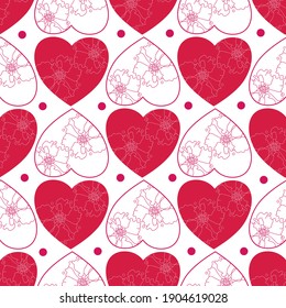 Patrón sin foco con corazones rojos con flores. Composición de Bouquet con flores dibujadas a mano. Ilustración del amor romántico vectorial.