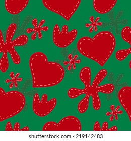 Seamless pattern of red hearts and flowers stitched with white thread on a green background. Vector texture.
