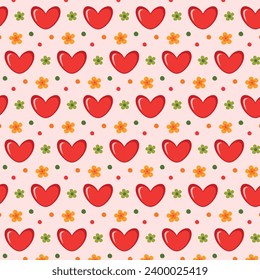 Seamless pattern with red hearts and flowers. Design for Valentine's Day, for a wedding. Vector.