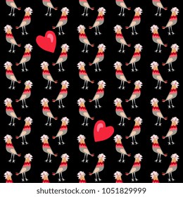Seamless pattern with red hearts and funny birds with crests in shape of cosmos flower isolated on black background in vector. Print for fabric, paper, wallpaper, wrapping design.