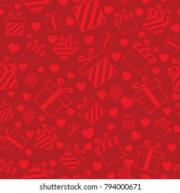 Seamless pattern with red hearts and gift boxes on red background. Vector pattern for Valentines Day, Mother's Day. Background for wedding invitation card design, gift wrapping paper, te