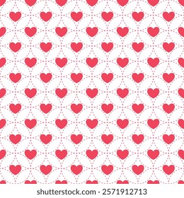 Seamless pattern with red hearts in grid featuring circular frame formed by dash lines, vector illustration.