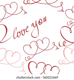 Seamless pattern of red hearts and hand lettering on white background. Pattern for Valentine's day or wedding background, invitation, postcard, save the date card. Vector.