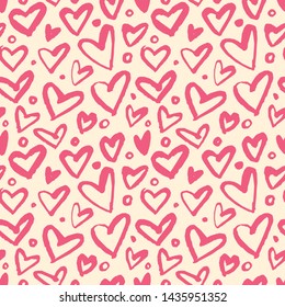 Seamless pattern with red hearts. Hand-drawn ink.