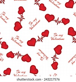 Seamless pattern of red hearts and heart-related line inscription Valentine's Day on a white background for design, gift wrapping, covers, textiles, craft, etc.