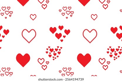 Seamless pattern with red hearts, line art, flat design. Good for wraping paper.