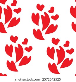 Seamless pattern with red hearts, line art, flat design. Good for wraping paper.