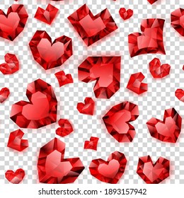 Seamless pattern of red hearts made of crystals witn shadows on transparent background