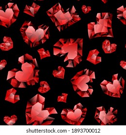 Seamless pattern of red hearts made of crystals witn shadows on black background