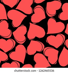 Seamless pattern with red hearts on black background. Romantic Wallpaper, textiles, clothing, wrapping paper.