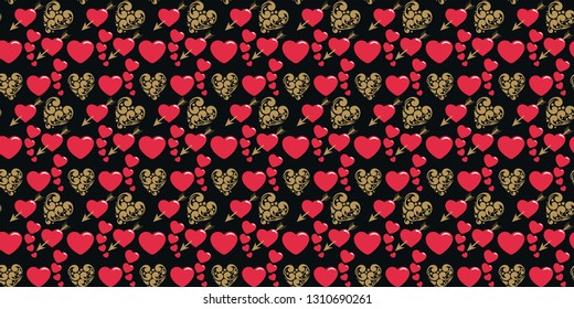 Seamless pattern with red hearts on a black background.Vector image