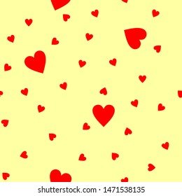 Seamless pattern with red hearts on yellow background. Vector design.