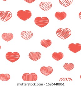 Seamless pattern with red hearts on a white background. Valentine's Day. Design for postcards, packaging, banner. Vector illustration.