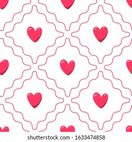 Seamless pattern with red hearts on white background. Vector illustration. For decoration Valentine's day. For greeting card, banners, web, wrapping paper, printing on textile, crockery, package.