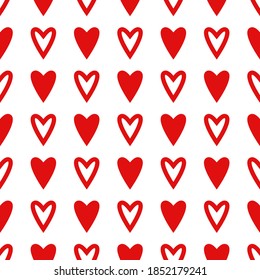 Patrón sin brillo con corazones rojos sobre fondo blanco. adorno de amor vectorial plano de San Valentín. Textura romántica del corazón