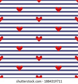 A seamless pattern with red hearts on a striped background. Blue and white stripes. Textile template. 