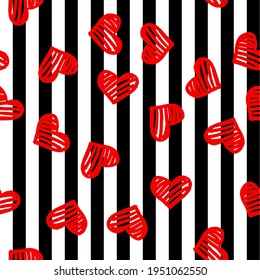 Seamless pattern with red hearts on black and white stripped background. Vector design for textile, backgrounds, clothes, wrapping paper, web sites and wallpaper. Fashion illustration seamless print.