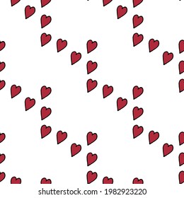 Seamless pattern with red hearts on white background. Vector image. 