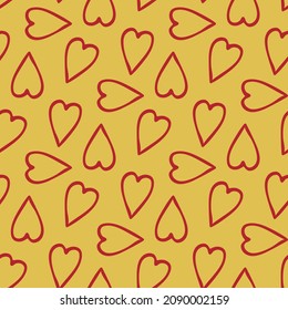 Patrón sin brillo con corazones rojos sobre fondo amarillo. Imagen vectorial.
