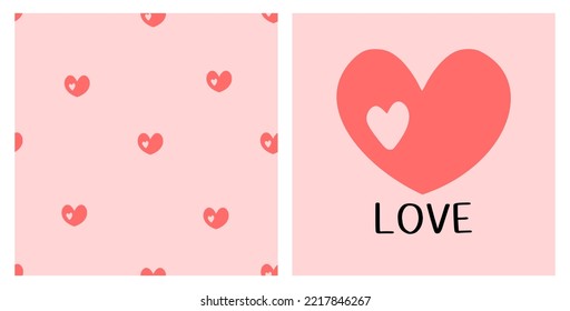 Seamless pattern with red hearts on pink background. Red heart icon with hand written font vector illustration.
