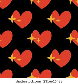 Patrón sin brillo con corazones rojos sobre fondo negro con estrellas de estilo groovic