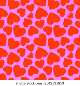 Seamless pattern with red hearts on pink background. 