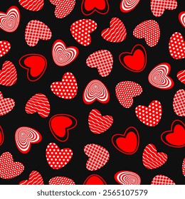 Seamless pattern with red hearts on black background. Design for fashion, fabric, textile, packaging paper, gift paper. Valentines day concept.