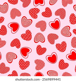 Seamless pattern with red hearts on pink background. Design for fashion, fabric, textile, packaging paper, gift paper. Valentines day concept.