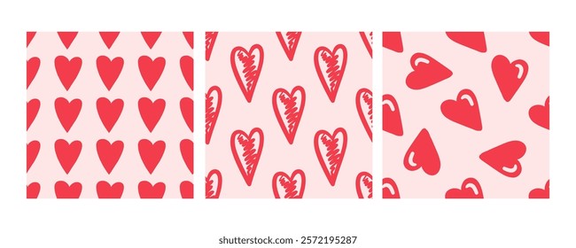 Seamless pattern with red hearts on pink background in doodle style