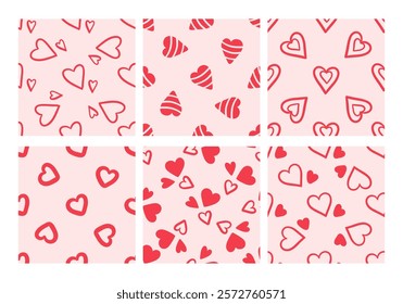 Seamless pattern with red hearts on pink background in doodle style

