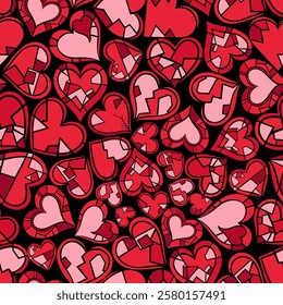 seamless pattern with red hearts on black background. Stylized fractured or mosaic hearts illustration for Valentines day, textile, d cor. Vibrant dramatic backdrop for love themed design