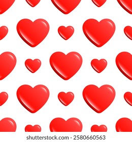 Seamless pattern with red hearts on a white background. Valentine's Day background with a lot of glossy hearts. 14th February poster with cute bubble hearts. Valentine card with candy like hearts