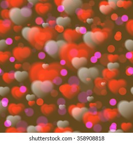 Seamless pattern with red hearts on brown background. Vector illustration
