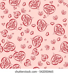 Seamless pattern with red hearts on a delicate pink background