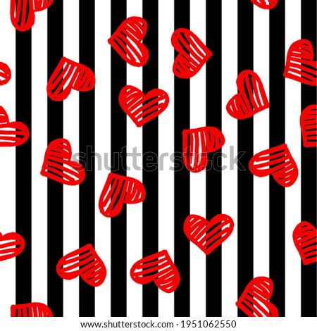 Seamless pattern with red hearts on black and white stripped background. Vector design for textile, backgrounds, clothes, wrapping paper, web sites and wallpaper. Fashion illustration seamless print.