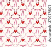 Seamless pattern with red hearts and pink bows. Romantic background for Valentine