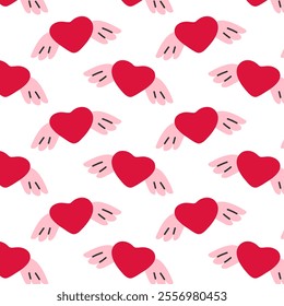 Seamless pattern with red hearts and pink wings. Playful hand-drawn design perfect for Valentine's Day, scrapbooking, party invitations, posters, stickers, and gift wrapping.