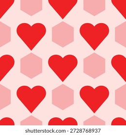 Seamless pattern of red hearts and pink hexagons on a soft pink background, creating a visually appealing and harmonious design.