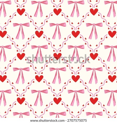 Seamless pattern with red hearts and pink bows. Romantic background for Valentine's Day. Festive textile wrapping paper design in doodle style. Vector.