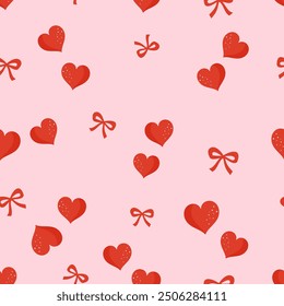 Seamless pattern with red hearts and ribbon bows on pink background vector.