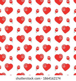 Seamless pattern of red hearts and roses. Vector illustration on a white background.
