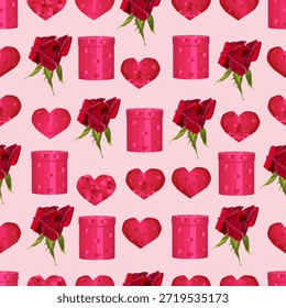Padrão contínuo com corações vermelhos, rosas e presentes em um fundo rosa