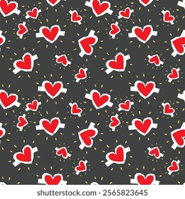 Seamless Pattern of Red Hearts with Stylized Energetic Designs on Dark Background