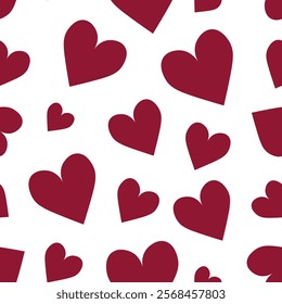 Seamless pattern with red hearts. Template holiday vector illustration. Design for card, postcard, poster, print, banner. Cartoon colorful hearts on color background.